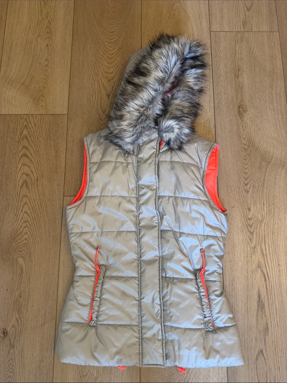 Lorna Jane Gray Quilted Faux-Fur Hooded Vest with Coral Trim